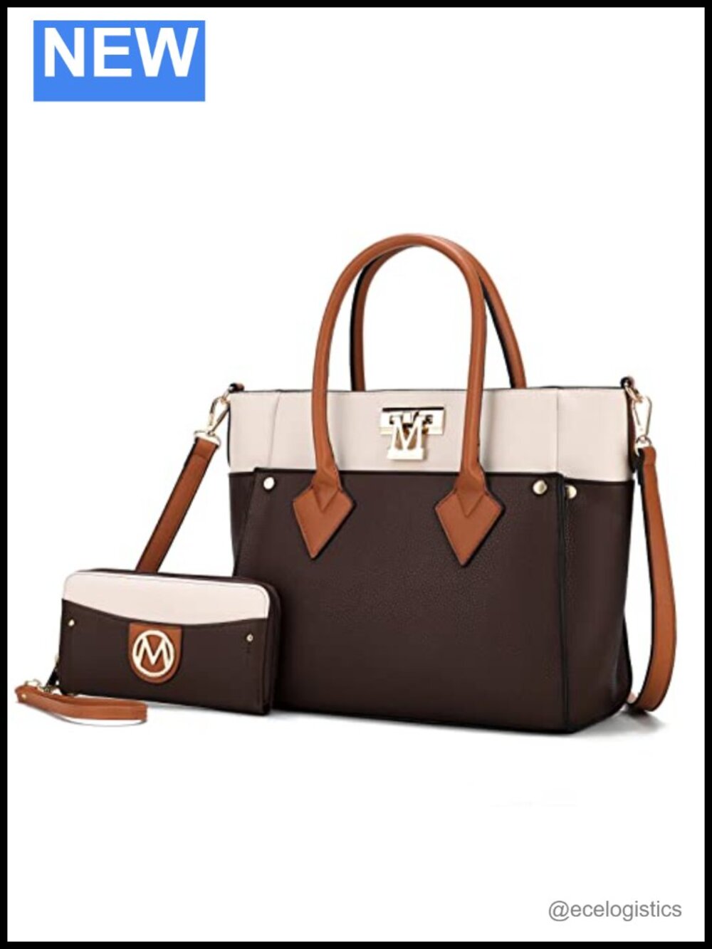 Vegan Leather Tote Bag with Wristlet Wallet, Color-Block, Adjustable Strap,